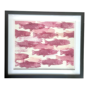Vintage “Pink Salmon Run - Coastal Wood Block “ Print Framed
