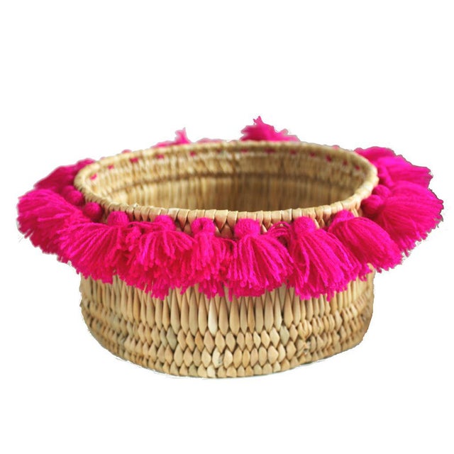 Moroccan Fuchsia Tassel Small Basket For Sale - Image 4 of 4