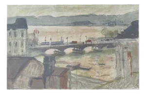 Hans Albert Falk, Pont de Zurich avec vue sur la rivière Limmat, Gouache on Paper, Framed