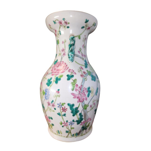 Stunning second half 20th century Chinese Famille Rose floral vase with apocryphal Qianlong mark to base, in excellent...