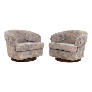 Pair of Milo Baughman Style Barrel Swivel Arm Chairs For Sale