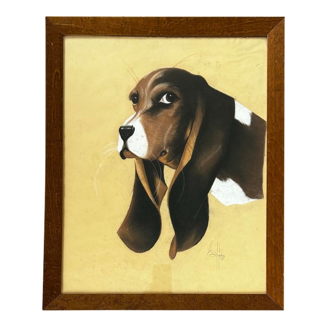 Vintage 1959 Framed Pastel Portrait of a Beagle Dog For Sale