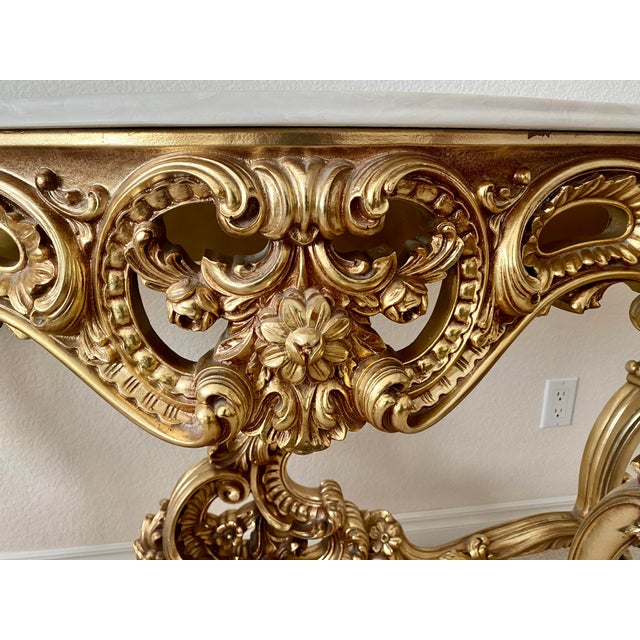 French Louis XV Style Vintage Giltwood Rococo Carved Console Table Vintage For Sale - Image 12 of 15