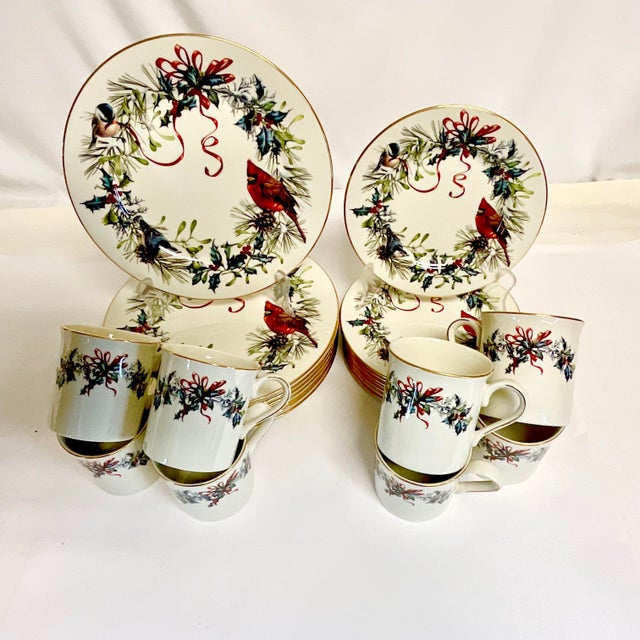 American 1990s Vintage Americana Arts & Crafts Boho Chic Christmas Lenox Winter Greetings Dinnerware - Set of 24, Service for 8 For Sale - Image 3 of 15