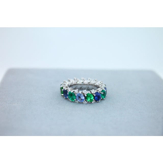 Diamond Emerald Sapphire Tsavorite Flexible Unique Eternity Band White Gold Ring, Size 5 For Sale - Image 10 of 18