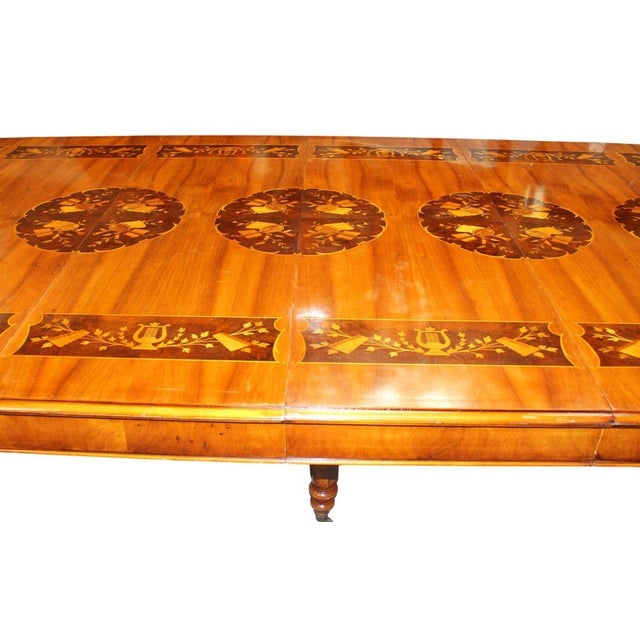 1950's Italian Marquetry Oval Dining Table With Musical Inlay & Extension Leaves For Sale - Image 4 of 10