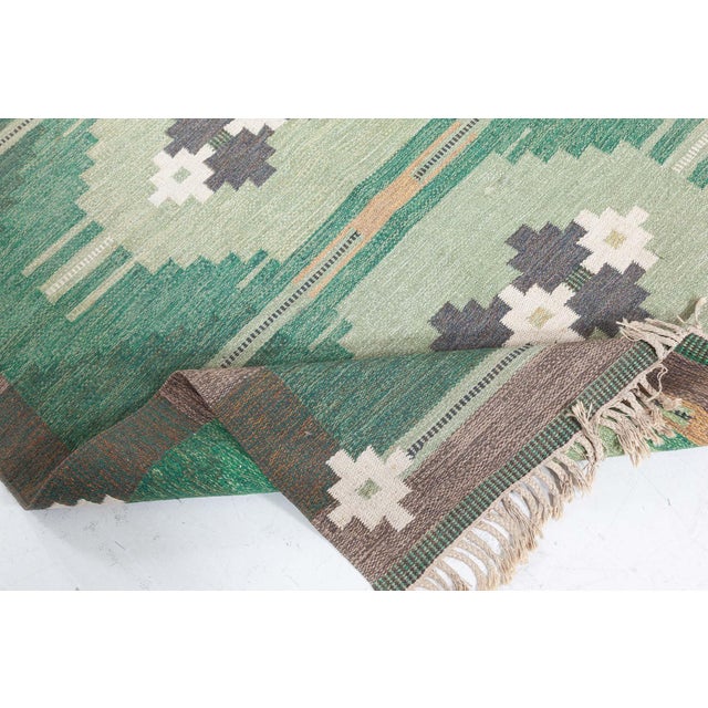 Green Doris Leslie Blau Vintage Swedish Flat Weave Rug by Ingegerd Silow For Sale - Image 8 of 9