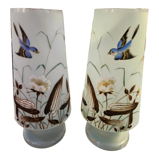 Beautiful Pair of Aesthetic Movemenr Hand Enameled Sea Mist Blue Blown Bristol Glass Vases Depicting Mirrored Bluebirds, Flowers and Grasses. - A Pair For Sale
