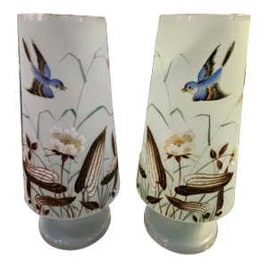 Beautiful Pair of Hand Enameled Seamist Blue Blown Bristol Glass Vases Depicting Mirrored Bluebirds, Flowers and Grasses. - a Pair