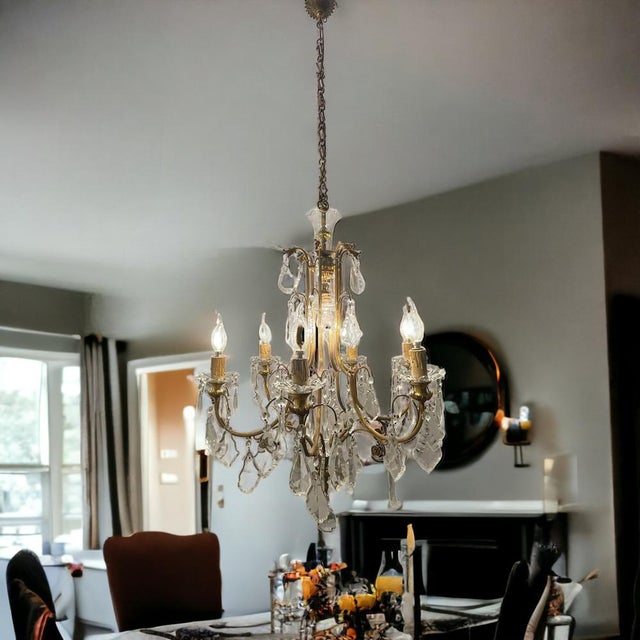 Large Brass and Crystal Chandelier, 1950s For Sale - Image 4 of 15