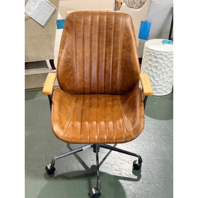 Acme Hamilton Cocoa Brown Leather Channel-Stitched Swivel Task Chair With Wood Armrests For Sale - Image 4 of 11