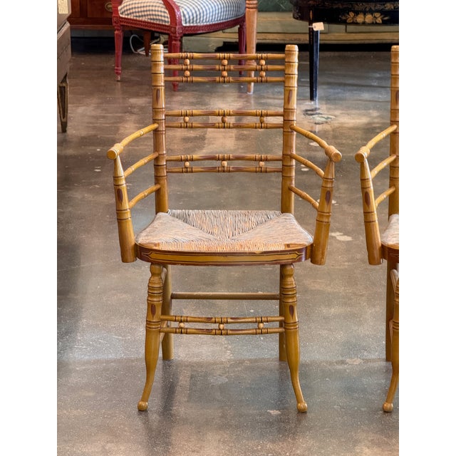 Textile 19th Century Pair of Painted Faux Bamboo Armchairs With Rush Seats For Sale - Image 7 of 10