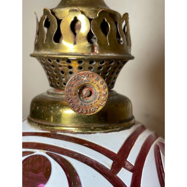 Antique Boston Sandwich Glass Cut to Clear Cranberry White Electrified Oil Lamp For Sale - Image 13 of 15