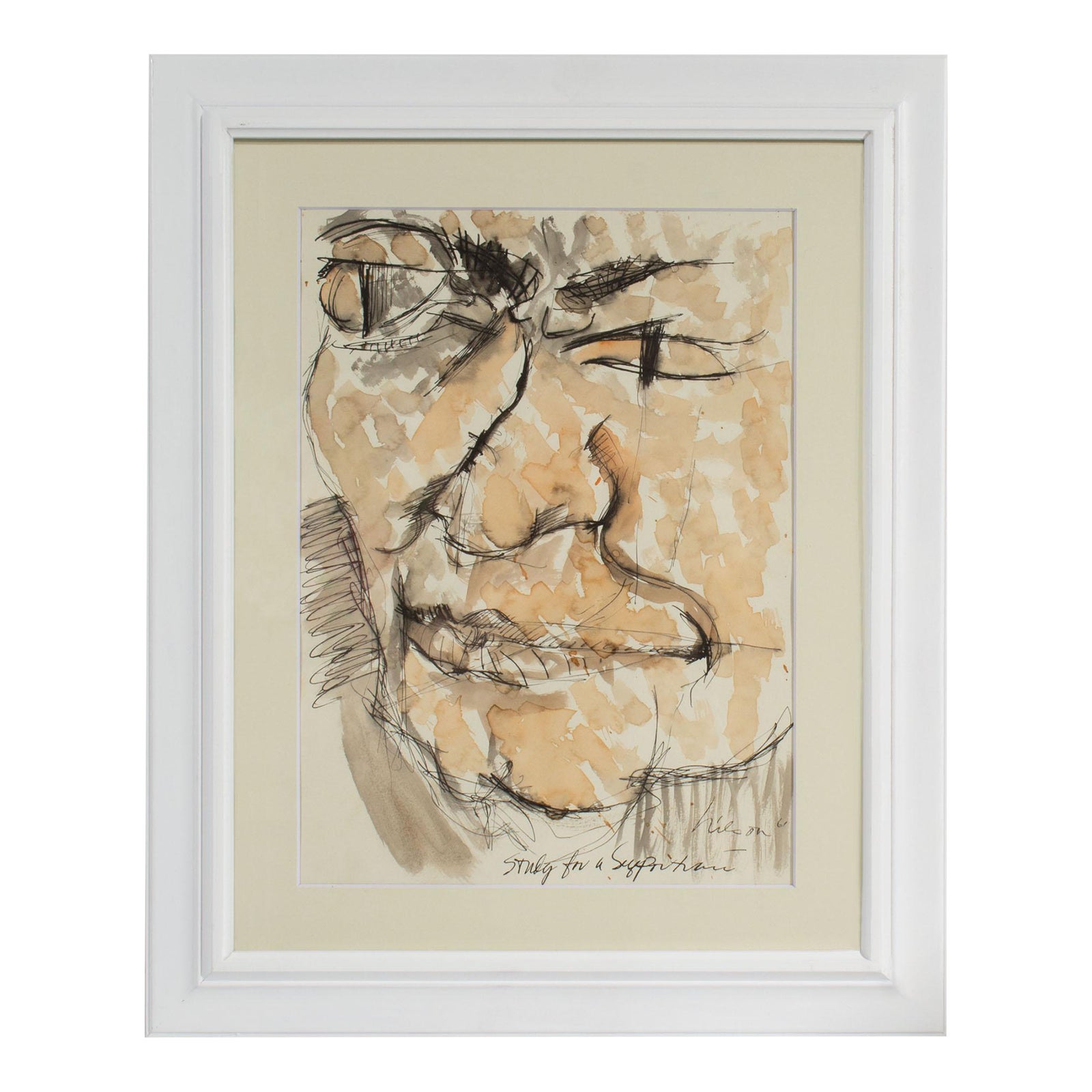 1961 Abstract Ink and Watercolor Drawing of a Face Signed by Harry ...