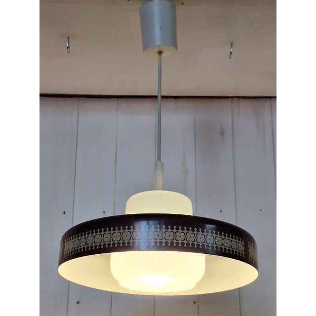 1970s Vintage Hanging Lamp with Opaque White Inner Glass Shade and Brown Metal Trim, 1970s For Sale - Image 5 of 7