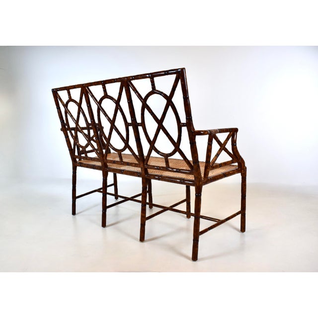 Burnt Umber Faux Bamboo Caned Settee With Leather Cushion For Sale - Image 8 of 15