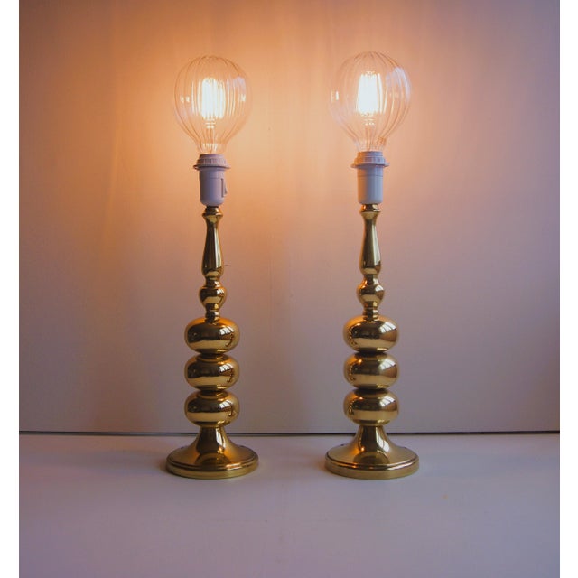 Hugo Frandsen Pair of Large "Stacked Ball" Brass Table Lamps From Frandsen Denmark. Mid-Century Hollywood Regency 1960s. For Sale - Image 4 of 12
