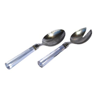1960s Christofle Hotel Style Serving Silverplate Spoons Faceted Crystal Handle - Set of 2 For Sale