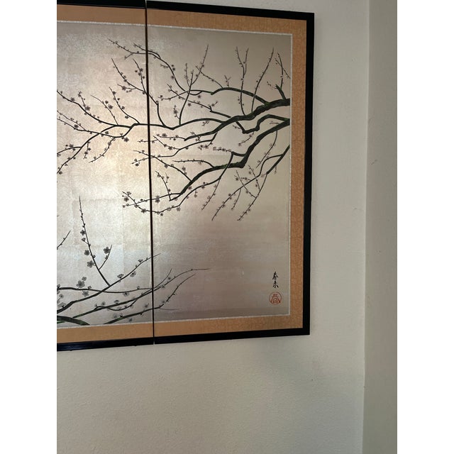 Japanese Vintage Japanese 4-Panel Gold Leaf Byōbu Wall Screen - Hand-Painted Plum Blossoms & Birds For Sale - Image 3 of 6