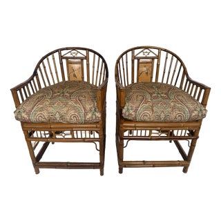 Rattan & Bamboo Armchairs With Bird Decoration -a Pair For Sale