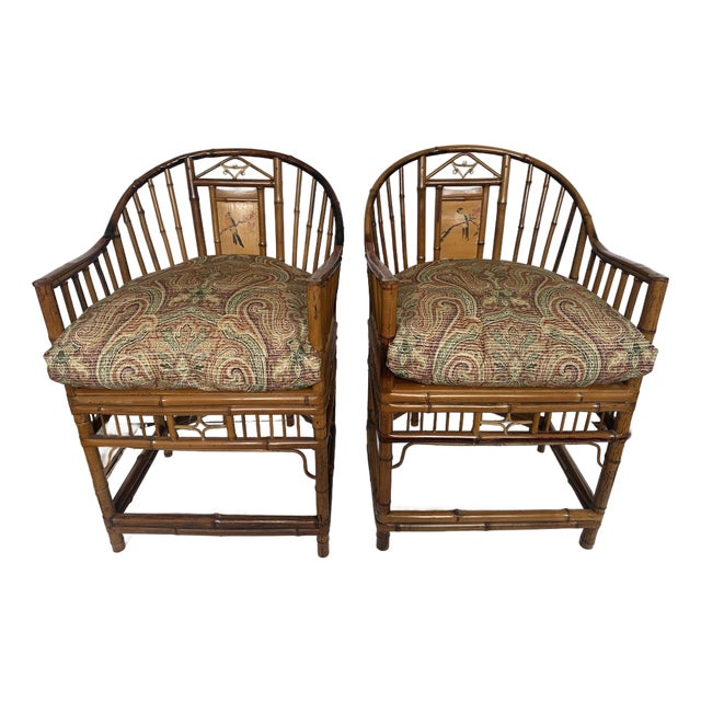 Rattan & Bamboo Armchairs With Bird Decoration -a Pair For Sale