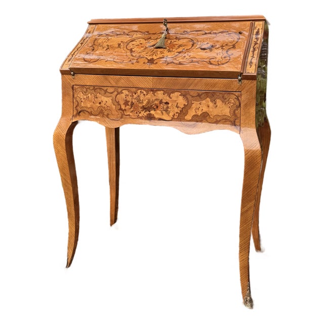 1940s Louis XV Style Italian Marquetry Inlaid Bureau De Dame Ladies Writing Desk For Sale