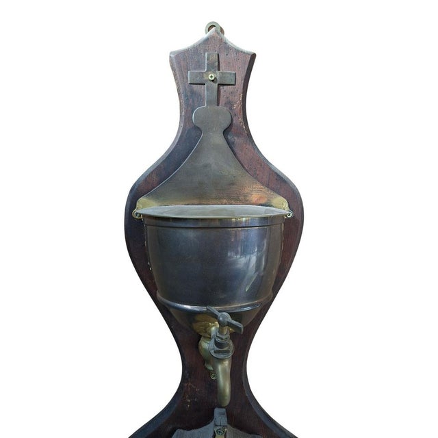 Vintage Wall-Mounted Brass and Wood Washbasin with Cross, 1920 For Sale - Image 3 of 11