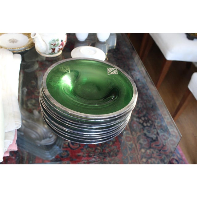 1920s Silver Embossed Green Depression Glass 10 Serving Plate or Shallow Bowls For Sale - Image 5 of 7