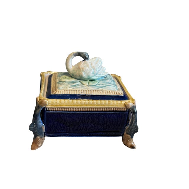 Ceramic Circa 1900 English Majolica Swan Finial Sardine Box For Sale - Image 7 of 13