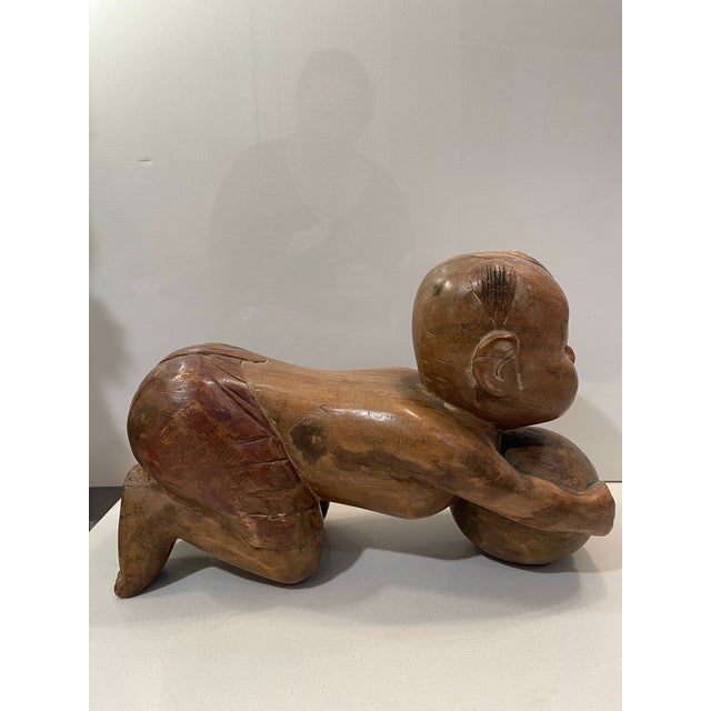 Antique Chinese Opium Pillow (Wooden Statue of Baby Buddha), Imperfect Wood For Sale - Image 9 of 12