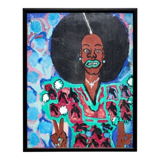 Ike E. Morgan Teal and Blue Toned Abstract Contemporary Portrait of a Lady in a Fro, 1984 For Sale