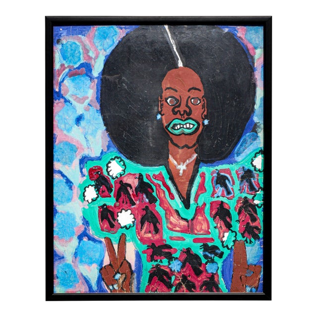 Ike E. Morgan Teal and Blue Toned Abstract Contemporary Portrait of a Lady in a Fro, 1984 For Sale