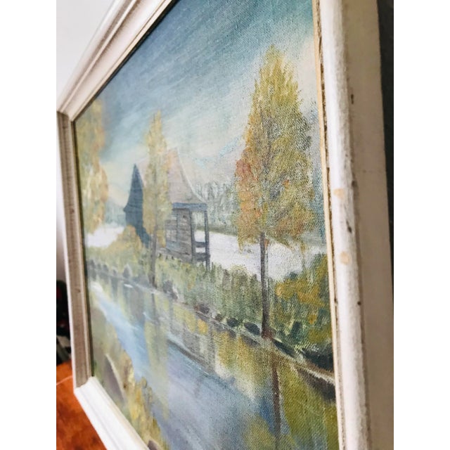 Vintage Cottage-Core Cabin on a Lake Oil Painting - Framed For Sale In Boise - Image 6 of 9