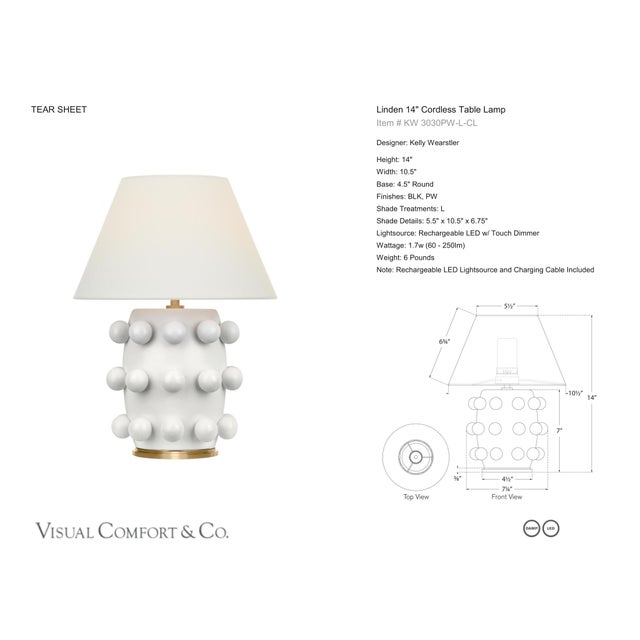 Kelly Wearstler by Visual Comfort Signature Linden 14" Cordless Table Lamp in Plaster White with Linen Shade Designer:...