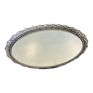 Vintage Hollywood Regency Silver Tone Mirrored Vanity Tray For Sale
