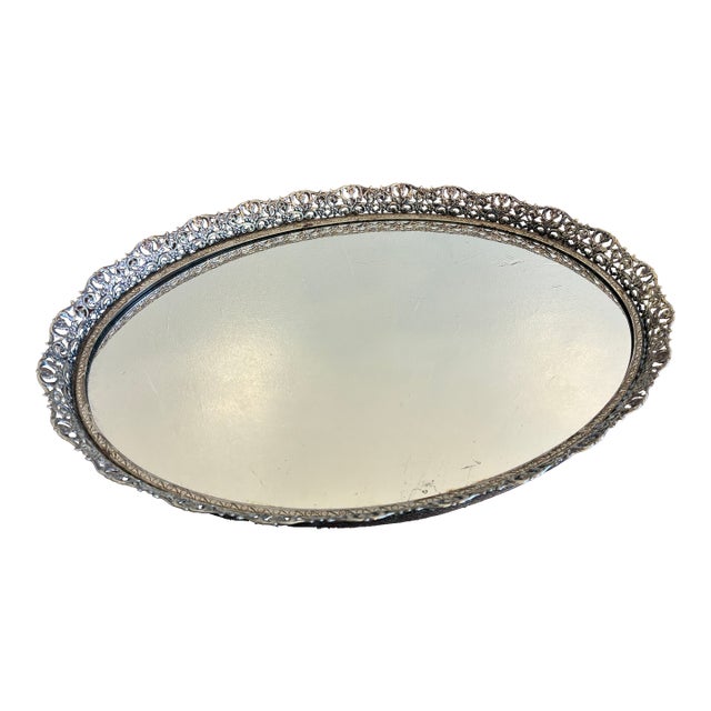 Vintage Hollywood Regency Silver Tone Mirrored Vanity Tray For Sale