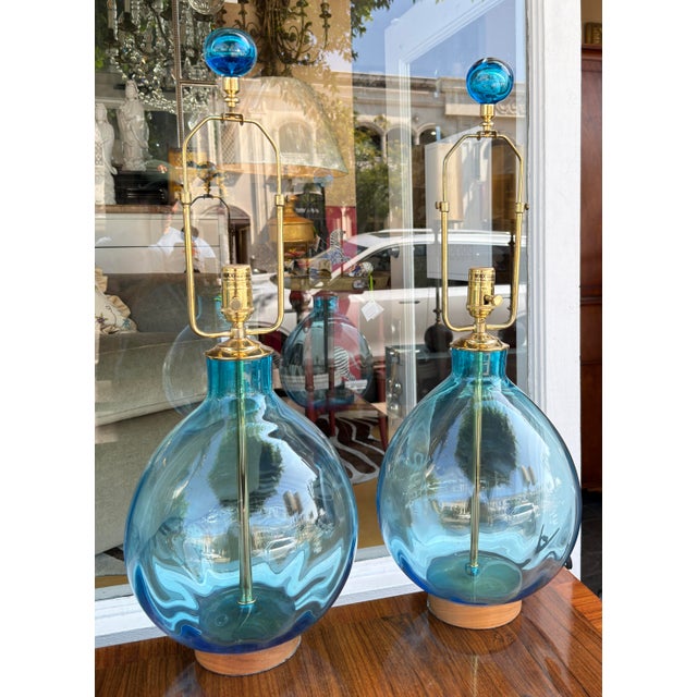 Pair of Arteriors Cerulean Blue Glass Tables Lamps For Sale In Los Angeles - Image 6 of 9