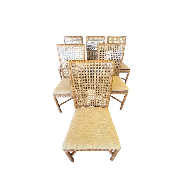 McGuire of CA leather and rawhide strapped dining chairs. Nice high back. Beige chenille fabric cushion, 1.5" thick. All...