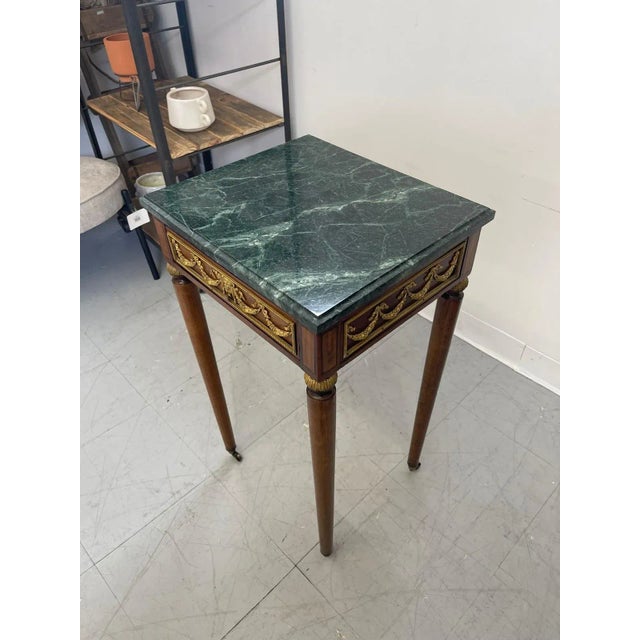 1970s Vintage Green Marble Top Stand on Wheels With Gold Colored Motif of Woman. For Sale - Image 4 of 9