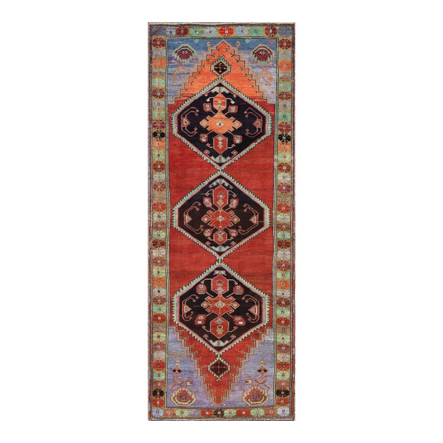 Vintage Turkish Oushak Medallion Gallery Rug in Red, Indigo, Lavender, and Mint 4'4 X 11'10 For Sale