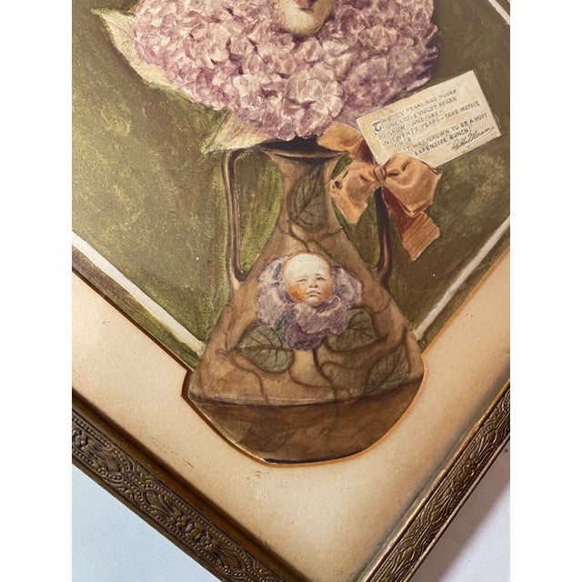 19th Century Antique 1800's Victorian Original Mixed Media Figural Lady Vase Painting Pinup For Sale - Image 5 of 11