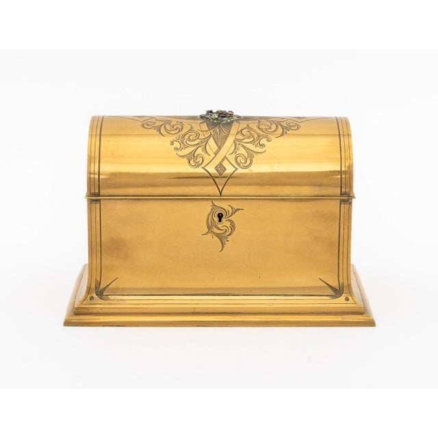 French Brass Domed Casket Jewelry Box, with enamel flowers and incised cross and foliated motif to the lid, tan leather...