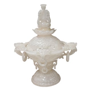 Asian Dragon Relief Carving White Stone Incense Holder Lidded Urn Ceremonial Vessel For Sale
