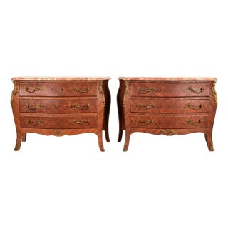 Paul Sormani Style Antique French Provincial Louis XV Kingwood Inlaid Marquetry Marble Top Commodes With Mounted Ormolu | Pair For Sale