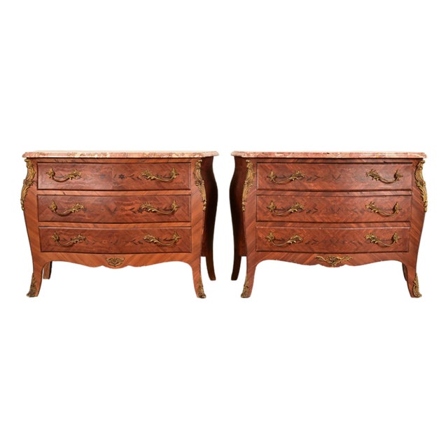 Paul Sormani Style Antique French Provincial Louis XV Kingwood Inlaid Marquetry Marble Top Commodes With Mounted Ormolu | Pair For Sale