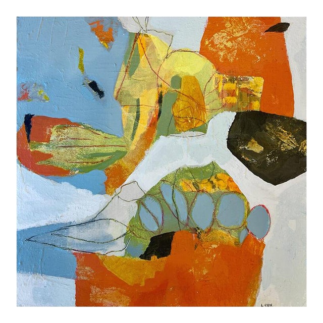 Lee Cox "Streetside Boquets" Acrylic on Canvas, Small Framed Abstract Collage Painting in Blue, 2025 For Sale