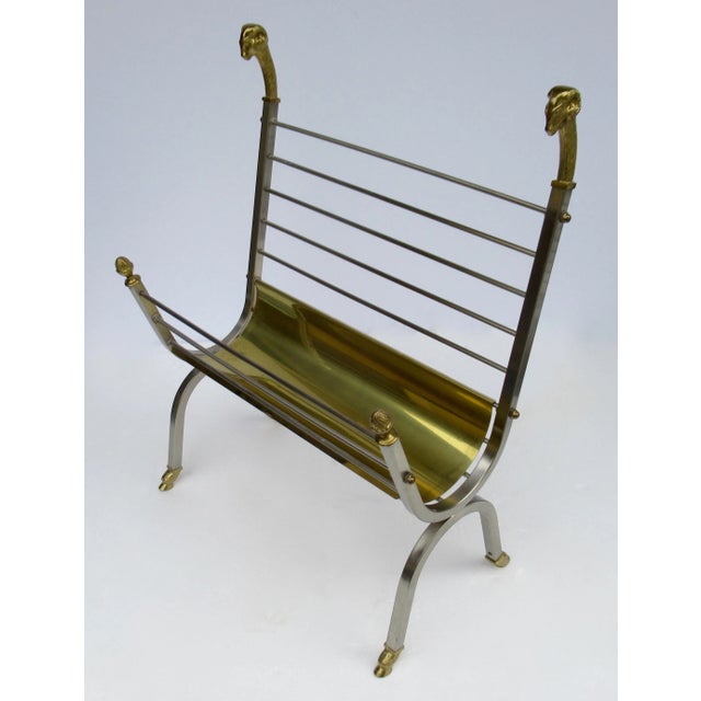 Vintage C.1970's Italian Maison Jansen Polished Brass and Satin Nickel Ram Head & Hoofed Magazine Rack/Holder For Sale In West Palm - Image 6 of 13