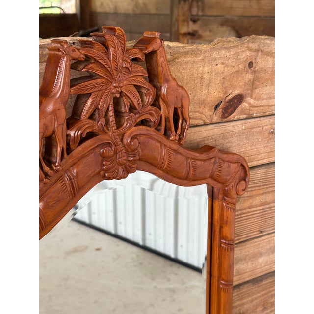 Vintage Boho Carved Wood Giraffe Palm Tree Wall Mirror For Sale - Image 9 of 10