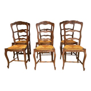 Antique French Ladderback Chairs With Rush Seat - Set of 6 For Sale