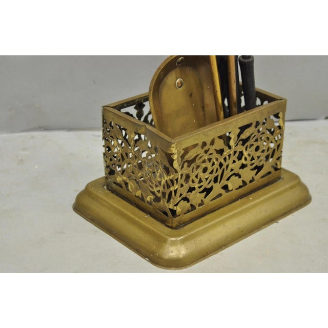 Gold Antique English Federal Brass Urn Finial Fireplace Tool Set With Stand For Sale - Image 8 of 12